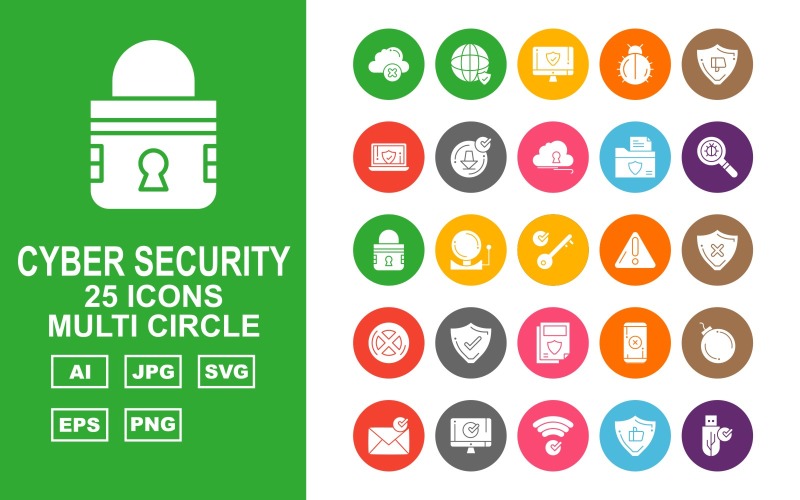 Download Набор иконок "25 Premium Cyber Security Multi Circle Icon Set" / 25 Premium Cyber Security Multi Circle Icon Set - Набор иконок на тему security accept,book,fan,shield,alert,key,lock,find,folder,cloud,download,laptop,dislike,bug,lcd,world,usb,like,wifi,message