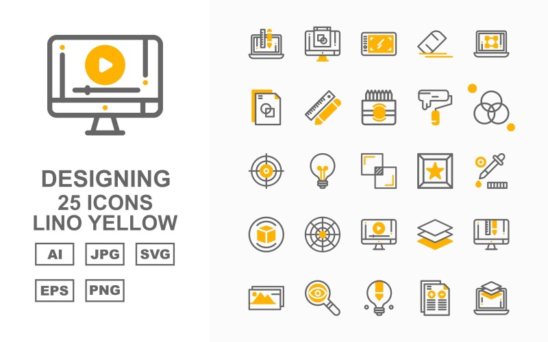 Download Набор иконок "25 Premium Designing Lino Yellow Icon Set" / 25 Premium Designing Lino Yellow Icon Set - Набор иконок на тему data laptop,bulb,layer,lcd,gallery,search,report,mobile tablet,eraser,file,pencil ruler,color box,color tool,circle,aim,full screen,star,coloring tool,box,focus