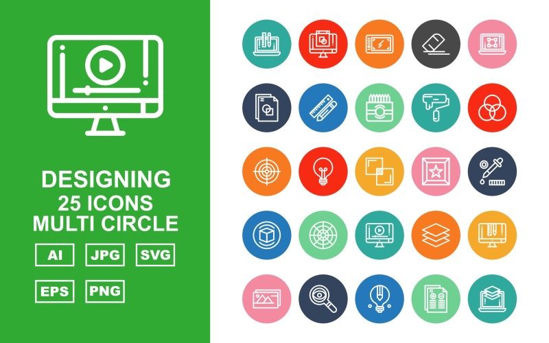 Download Набор иконок "25 Premium Designing Multi Circle Icon Set" / 25 Premium Designing Multi Circle Icon Set - Набор иконок на тему data laptop,bulb,layer,lcd,gallery,search,report,mobile tablet,eraser,file,pencil ruler,color box,color tool,circle,aim,full screen,star,coloring tool,box,focus