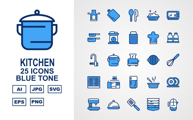 Download Набор иконок "25 Premium Kitchen Blue Tone Icon Set" / 25 Premium Kitchen Blue Tone Icon Set - Набор иконок на тему food salt,pot,sup,dishes,coffee maker,dish,flipper,water jug,kitchen,spoon,food,microwave,pan,grater,weighing machine,cook cap,bottle,tap,toaster,mixer