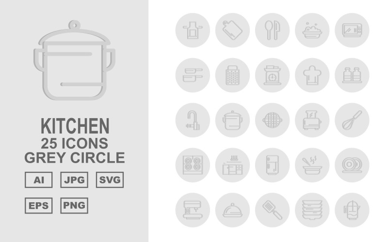 25 Premium-Küchen-Grau-Kreis-Icon-Set