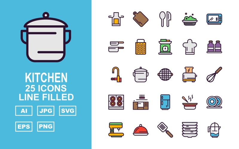 Download Набор иконок "25 Premium Kitchen Line Filled Icon Set" / 25 Premium Kitchen Line Filled Icon Set - Набор иконок на тему food salt,pot,sup,dishes,coffee maker,dish,flipper,water jug,kitchen,spoon,food,microwave,pan,grater,weighing machine,cook cap,bottle,tap,toaster,mixer