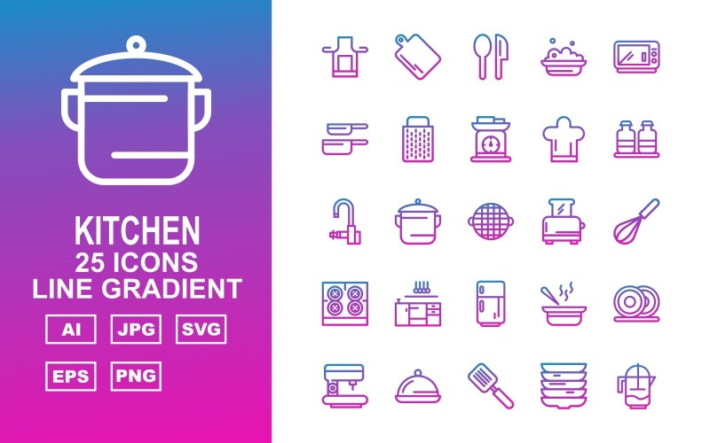 Download Набор иконок "25 Premium Kitchen Line Gradient Icon Set" / 25 Premium Kitchen Line Gradient Icon Set - Набор иконок на тему food salt,pot,sup,dishes,coffee maker,dish,flipper,water jug,kitchen,spoon,food,microwave,pan,grater,weighing machine,cook cap,bottle,tap,toaster,mixer