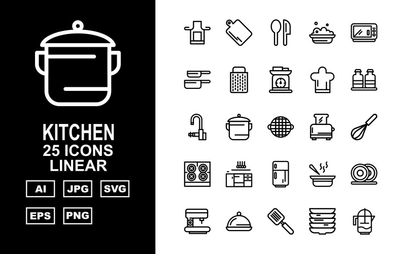 Download Набор иконок "25 Premium Kitchen Linear Icon Set" / 25 Premium Kitchen Linear Icon Set - Набор иконок на тему food salt,pot,sup,dishes,coffee maker,dish,flipper,water jug,kitchen,spoon,food,microwave,pan,grater,weighing machine,cook cap,bottle,tap,toaster,mixer