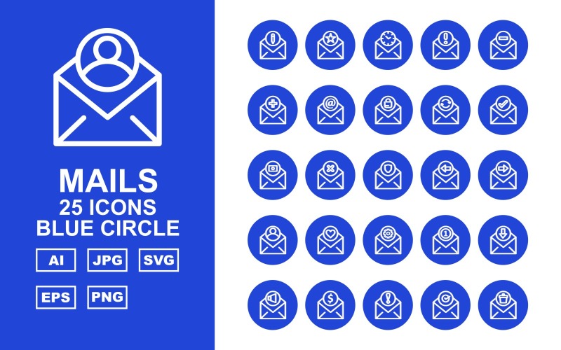 Download Набор иконок "25 Premium Mails Blue Circle Icon Set" / 25 Premium Mails Blue Circle Icon Set - Набор иконок на тему data pencil,cross,email,down,speaker,coin,information,check,trash,star,clock,about,add,minimize,letter,lock,refresh,tick,record,shield