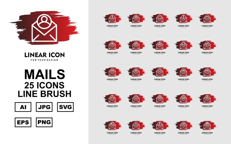 Download Набор иконок "25 Premium Mails Line Brush Icon Set" / 25 Premium Mails Line Brush Icon Set - Набор иконок на тему data pencil,cross,email,down,speaker,coin,information,check,trash,star,clock,about,add,minimize,letter,lock,refresh,tick,record,shield