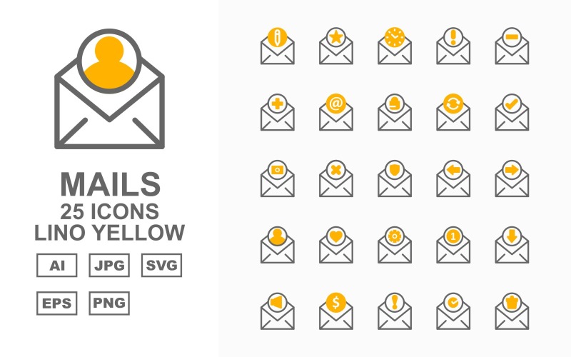 Download Набор иконок "25 Premium Mails Lino Yellow Icon Set" / 25 Premium Mails Lino Yellow Icon Set - Набор иконок на тему data pencil,cross,email,down,speaker,coin,information,check,trash,star,clock,about,add,minimize,letter,lock,refresh,tick,record,shield