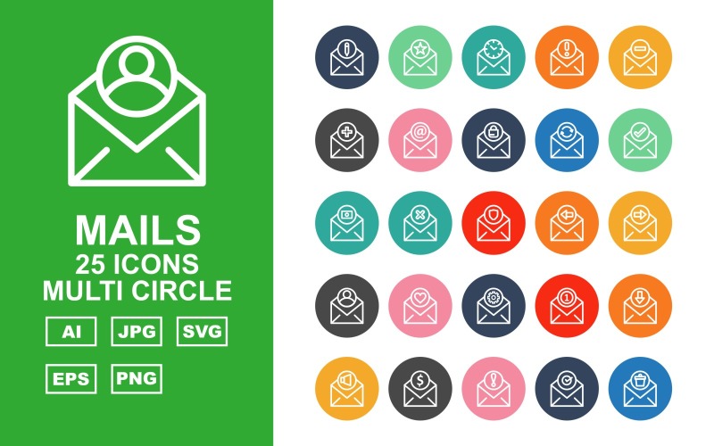 Download Набор иконок "25 Premium Mails Multi Circle Icon Set" / 25 Premium Mails Multi Circle Icon Set - Набор иконок на тему data pencil,cross,email,down,speaker,coin,information,check,trash,star,clock,about,add,minimize,letter,lock,refresh,tick,record,shield
