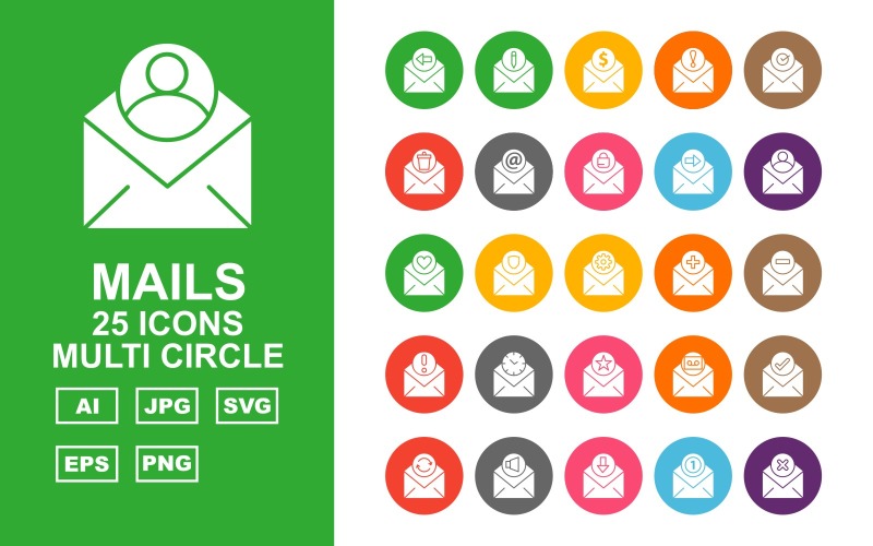 Download Набор иконок "25 Premium Mails Multi Circle Icon Set" / 25 Premium Mails Multi Circle Icon Set - Набор иконок на тему data pencil,cross,email,down,speaker,coin,information,check,trash,star,clock,about,add,minimize,letter,lock,refresh,tick,record,shield