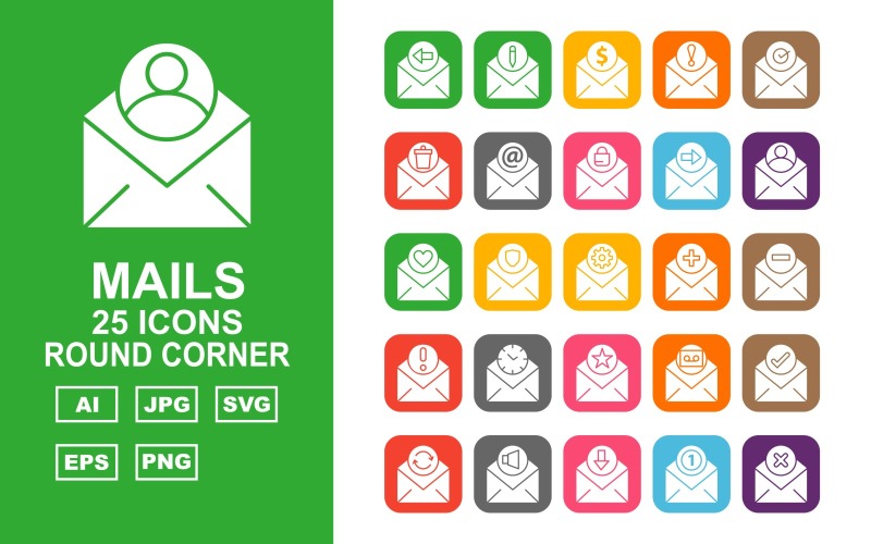 Download Набор иконок "25 Premium Mails Round Corner Icon Set" / 25 Premium Mails Round Corner Icon Set - Набор иконок на тему data pencil,cross,email,down,speaker,coin,information,check,trash,star,clock,about,add,minimize,letter,lock,refresh,tick,record,shield
