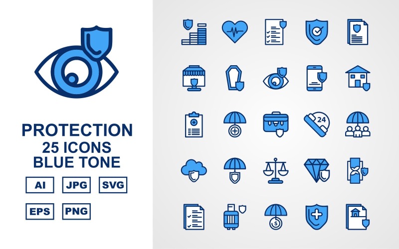 Download Набор иконок "25 Premium Protection Blue Tone Icon Set" / 25 Premium Protection Blue Tone Icon Set - Набор иконок на тему security coin,umbrella,diamond,hourglass,document,gas cylinder,shield,protection,heart beat,file,report,briefcase,24 alert,cloud,balance,icon,icons