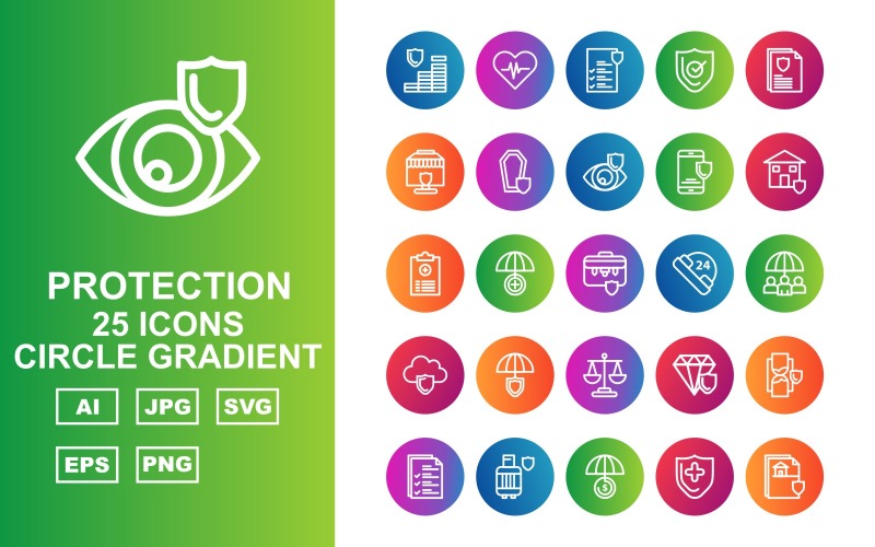 Download Набор иконок "25 Premium Protection Circle Gradient Icon Set" / 25 Premium Protection Circle Gradient Icon Set - Набор иконок на тему security coin,umbrella,diamond,hourglass,document,gas cylinder,shield,protection,heart beat,file,report,briefcase,24 alert,cloud,balance,icon,icons