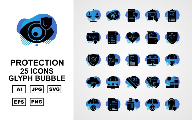 Download Набор иконок "25 Premium Protection Glyph Bubble Icon Set" / 25 Premium Protection Glyph Bubble Icon Set - Набор иконок на тему security coin,umbrella,diamond,hourglass,document,gas cylinder,shield,protection,heart beat,file,report,briefcase,24 alert,cloud,balance,icon,icons