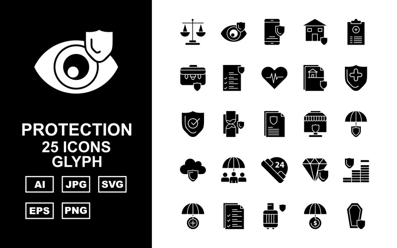 Download Набор иконок "25 Premium Protection Glyph Icon Set" / 25 Premium Protection Glyph Icon Set - Набор иконок на тему security coin,umbrella,diamond,hourglass,document,gas cylinder,shield,protection,heart beat,file,report,briefcase,24 alert,cloud,balance,icon,icons