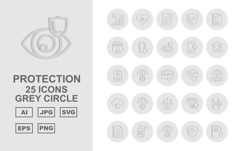 Download Набор иконок "25 Premium Protection Grey Circle Icon Set" / 25 Premium Protection Grey Circle Icon Set - Набор иконок на тему security coin,umbrella,diamond,hourglass,document,gas cylinder,shield,protection,heart beat,file,report,briefcase,24 alert,cloud,balance,icon,icons