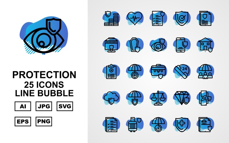Download Набор иконок "25 Premium Protection Line Bubble Icon Set" / 25 Premium Protection Line Bubble Icon Set - Набор иконок на тему security coin,umbrella,diamond,hourglass,document,gas cylinder,shield,protection,heart beat,file,report,briefcase,24 alert,cloud,balance,icon,icons