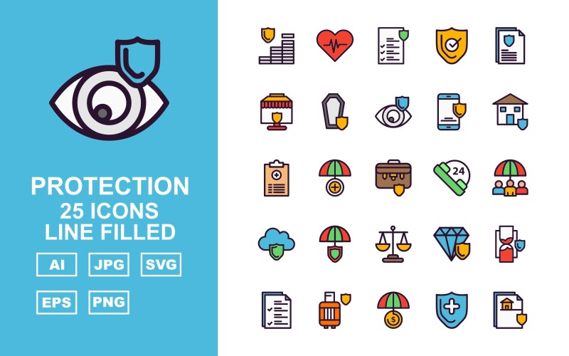 Download Набор иконок "25 Premium Protection Line Filled Icon Set" / 25 Premium Protection Line Filled Icon Set - Набор иконок на тему security coin,umbrella,diamond,hourglass,document,gas cylinder,shield,protection,heart beat,file,report,briefcase,24 alert,cloud,balance,icon,icons