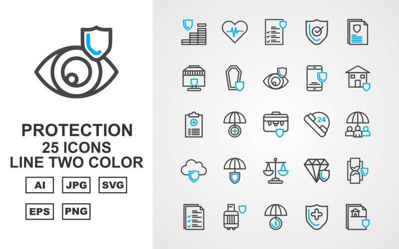 Download Набор иконок "25 Premium Protection Line Two Color Icon Set" / 25 Premium Protection Line Two Color Icon Set - Набор иконок на тему security coin,umbrella,diamond,hourglass,document,gas cylinder,shield,protection,heart beat,file,report,briefcase,24 alert,cloud,balance,icon,icons