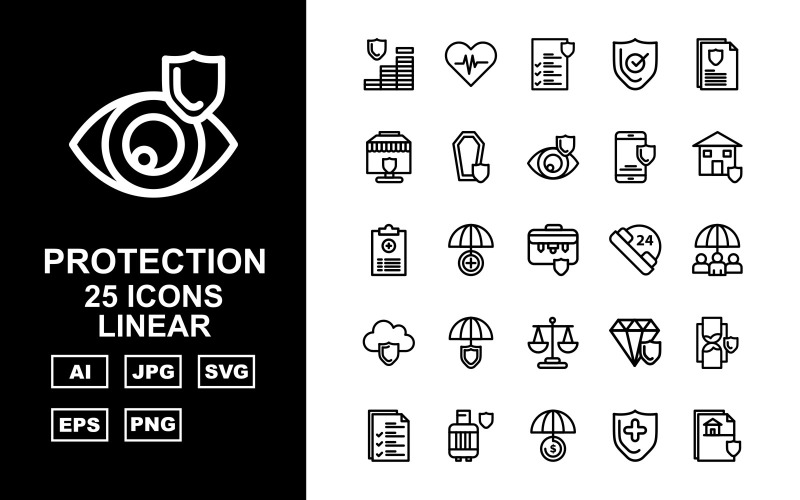 Download Набор иконок "25 Premium Protection Linear Icon Set" / 25 Premium Protection Linear Icon Set - Набор иконок на тему security coin,umbrella,diamond,hourglass,document,gas cylinder,shield,protection,heart beat,file,report,briefcase,24 alert,cloud,balance,icon,icons