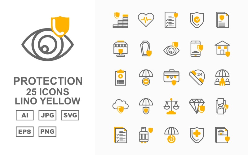 Download Набор иконок "25 Premium Protection Lino Yellow Icon Set" / 25 Premium Protection Lino Yellow Icon Set - Набор иконок на тему security coin,umbrella,diamond,hourglass,document,gas cylinder,shield,protection,heart beat,file,report,briefcase,24 alert,cloud,balance,icon,icons