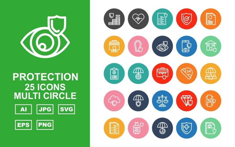 Download Набор иконок "25 Premium Protection Multi Circle Icon Set" / 25 Premium Protection Multi Circle Icon Set - Набор иконок на тему security coin,umbrella,diamond,hourglass,document,gas cylinder,shield,protection,heart beat,file,report,briefcase,24 alert,cloud,balance,icon,icons