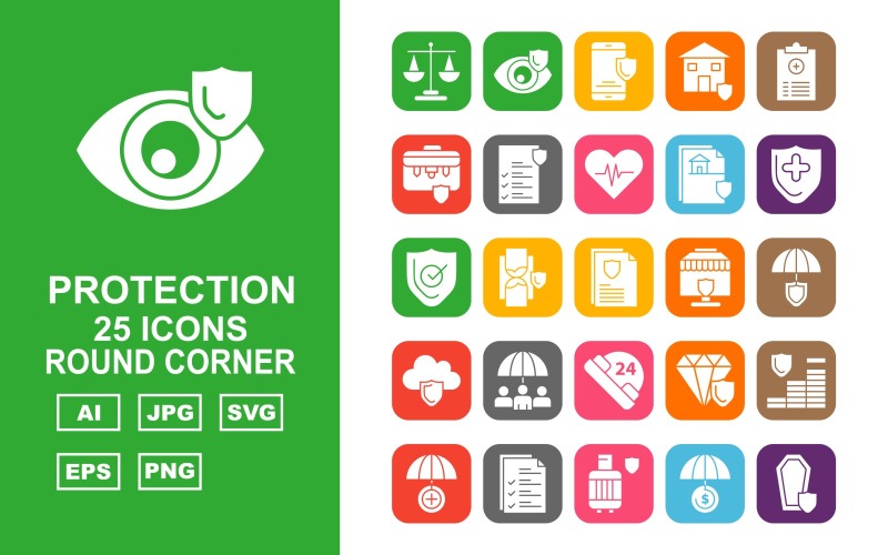 Download Набор иконок "25 Premium Protection Round Corner Icon Set" / 25 Premium Protection Round Corner Icon Set - Набор иконок на тему security coin,umbrella,diamond,hourglass,document,gas cylinder,shield,protection,heart beat,file,report,briefcase,24 alert,cloud,balance,icon,icons