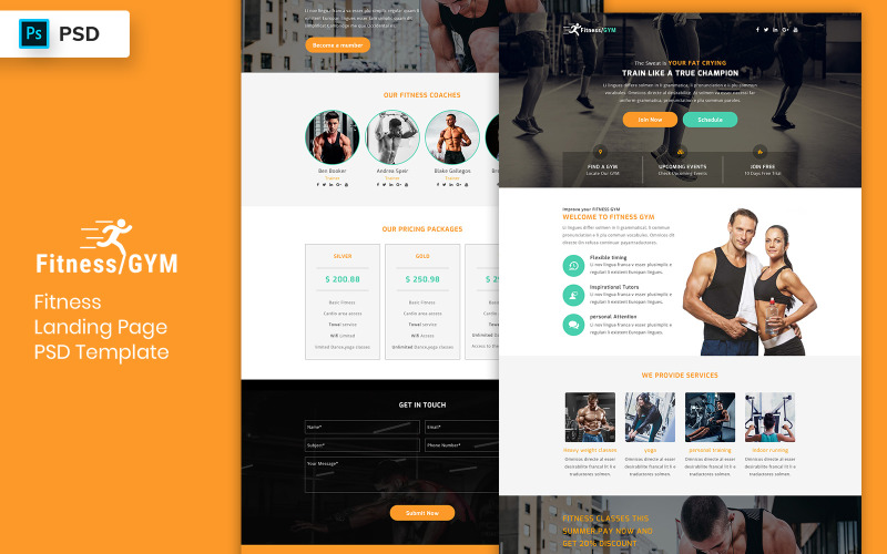 Elementi dell'interfaccia utente del modello di pagina di destinazione fitness