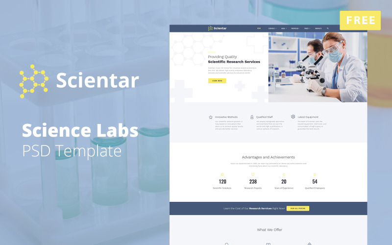 Scientar - Science Labs Tasarım Düzeni Ücretsiz PSD Şablonu