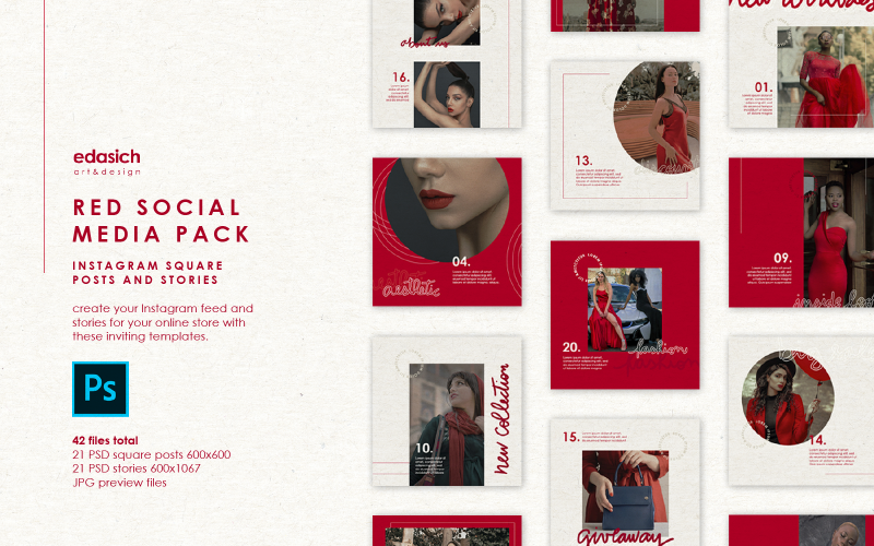 Set di mockup PSD rosso - Modello di social media per post e storie di Instagram