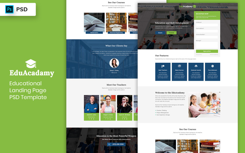 UI-Elemente der Landing Page-Vorlage für Bildungszwecke