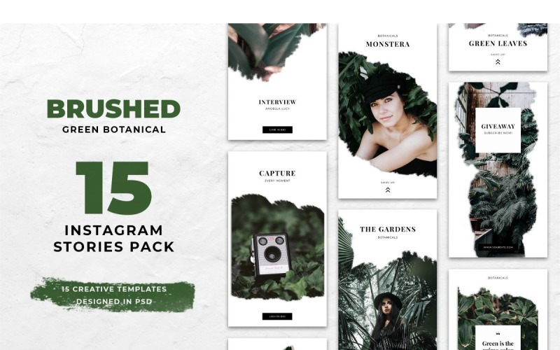 Download Шаблон для соцсетей "Instagram Template Brushed Green Botanical for Social Media" / Instagram Template Brushed Green Botanical for Social Media - Шаблон для соцсетей на тему графика adobe photoshop,brand,casual,instagram,lifestyle,online,platform,posts,potraits,shop,social media,stories,template,trendy