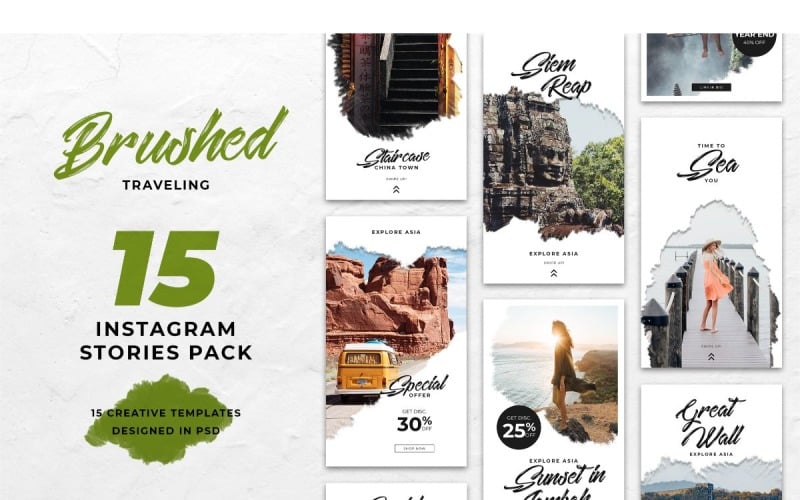 Download Шаблон для соцсетей "Instagram Template Brushed Traveling for Social Media" / Instagram Template Brushed Traveling for Social Media - Шаблон для соцсетей на тему графика adobe photoshop,brand,casual,instagram,lifestyle,online,platform,posts,potraits,shop,social media,stories,template,trendy