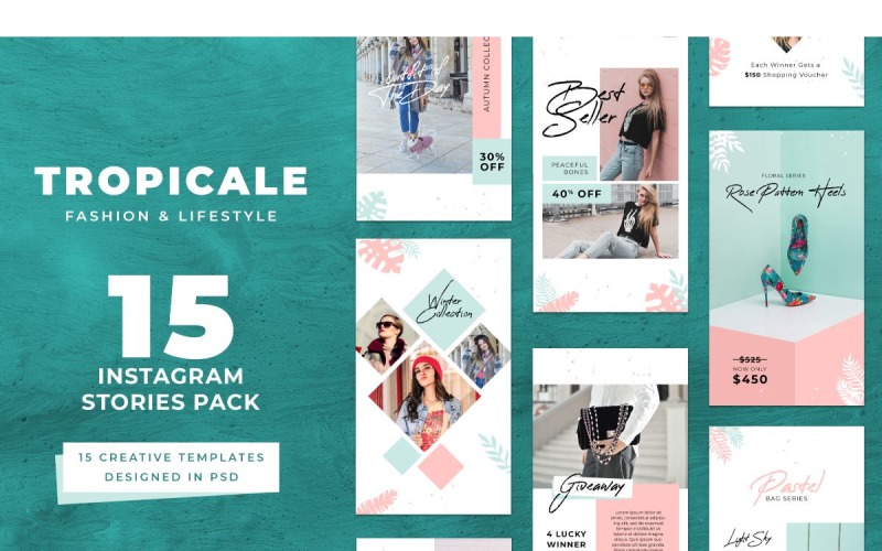Download Шаблон для соцсетей "Instagram Template Tropicale for Social Media" / Instagram Template Tropicale for Social Media - Шаблон для соцсетей на тему графика adobe photoshop,brand,casual,instagram,lifestyle,online,platform,posts,potraits,shop,social media,stories,template,trendy