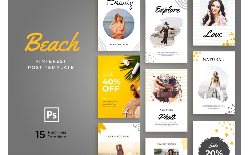 Download Шаблон для соцсетей "Pinterest Beach Social Media Template" / Pinterest Beach Social Media Template - Шаблон для соцсетей на тему графика adobe photoshop,branding,business,creativities,elements,information,interface,lifestyle,mobile,mockup,pinterest,social,media,template,trendy