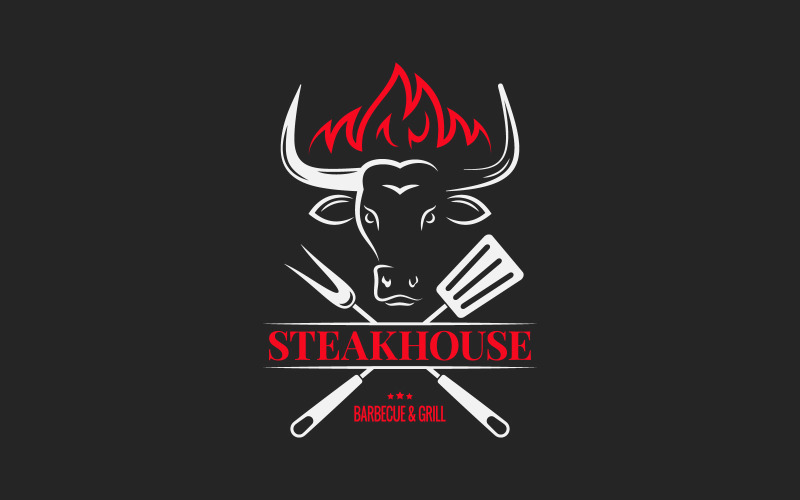 Churrascaria com cabeça de touro. Modelo de logotipo