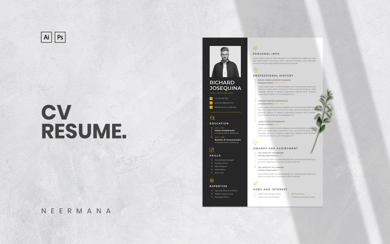 Download Резюме "CV  - Professional, Creative &amp; Clean Design Resume Template" / CV  - Professional, Creative &amp; Clean Design Resume Template - Резюме на тему графика resume,cover letter,clean,professional,modern,creative,minimal,black,yellow,currivulum vitae,business,introduction