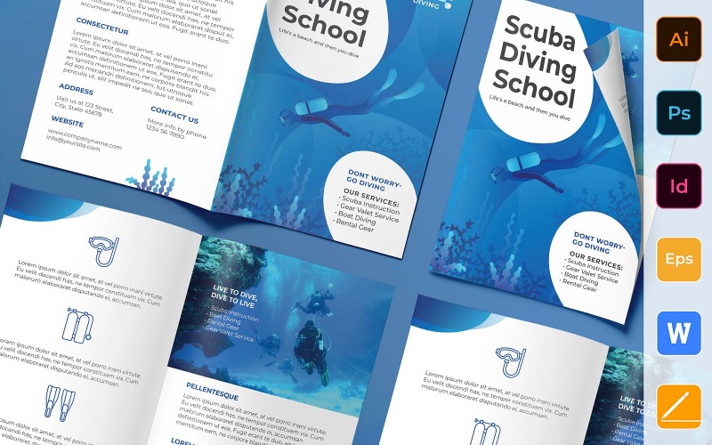 Download Фирменный стиль "Diving School Brochure Bifold - Corporate Identity Template" / Diving School Brochure Bifold - Corporate Identity Template - Фирменный стиль на тему графика brochure,bifold,template,corporate,company,branding,diving,diver,scuba,extreme,courses,underwater,white,blue,marine