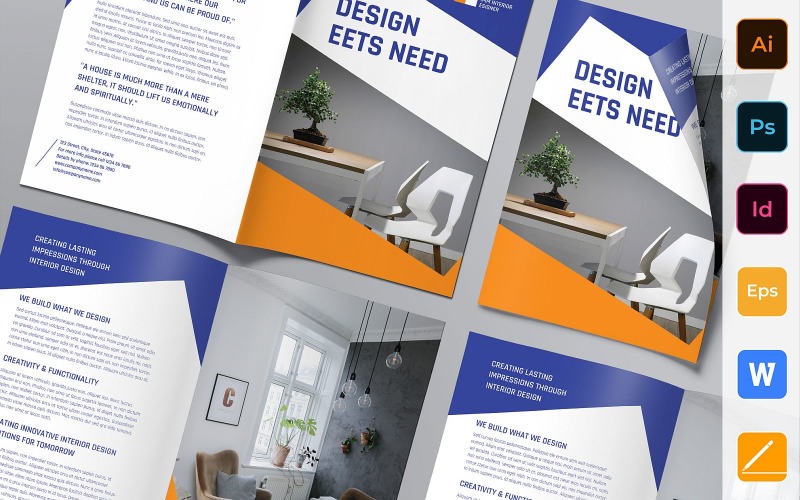 Download Фирменный стиль "Interior Design Brochure Bifold - Corporate Identity Template" / Interior Design Brochure Bifold - Corporate Identity Template - Фирменный стиль на тему графика brochure,bifold,template,corporate,company,branding,interior,designer,design,architecture,decor,furniture,blue,orange,white