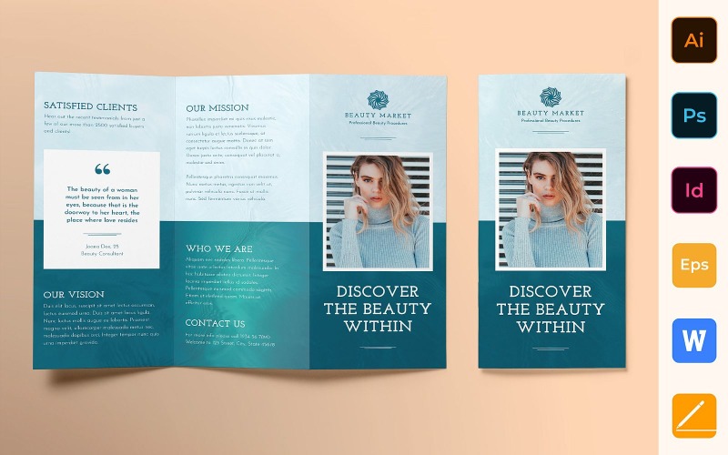 Download Фирменный стиль "Beauty Market Brochure Trifold - Corporate Identity Template" / Beauty Market Brochure Trifold - Corporate Identity Template - Фирменный стиль на тему графика brochure,trifold,template,corporate,company,branding,beauty,market,hair,nails,cosmetics,skin,services,white,blue
