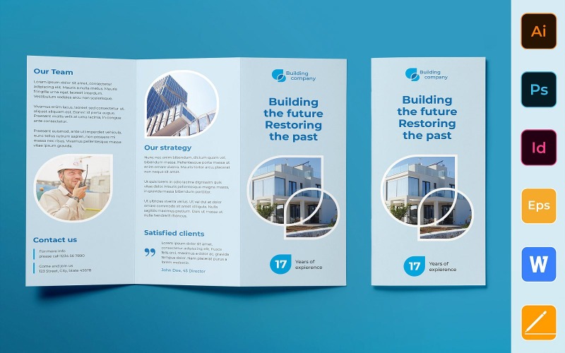 Download Фирменный стиль "Building Company Brochure Trifold - Corporate Identity Template" / Building Company Brochure Trifold - Corporate Identity Template - Фирменный стиль на тему графика brochure,trifold,template,corporate,company,branding,building,construction,contractor,architecture,realestate,blue,black,white
