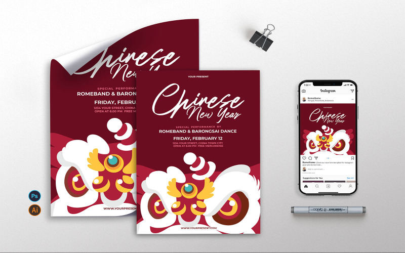 Download Фирменный стиль "Chinese New Year Celebrate - Flyer, Poster &amp; Instagram AS" / Chinese New Year Celebrate - Flyer, Poster &amp; Instagram AS - Фирменный стиль на тему графика chinese,newyear,flyer,event,poster,celebrate,2021 celebration,club,barongsai,lantern,red,print,illustration,template,clean