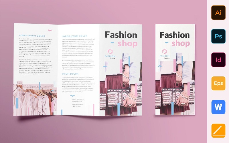 Download Фирменный стиль "Fashion House Brochure Trifold - Corporate Identity Template" / Fashion House Brochure Trifold - Corporate Identity Template - Фирменный стиль на тему графика brochure,trifold,template,corporate,company,branding,fashion,shop,store,clothes,shoes,accessories,white,blue,pink