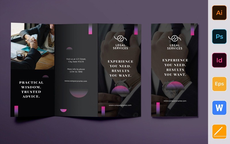 Download Фирменный стиль "Lawyer Brochure Trifold - Corporate Identity Template" / Lawyer Brochure Trifold - Corporate Identity Template - Фирменный стиль на тему графика brochure,trifold,template,corporate,company,branding,law,legal,lawyer,lawsuit,attorney,justice,pink,black,purple