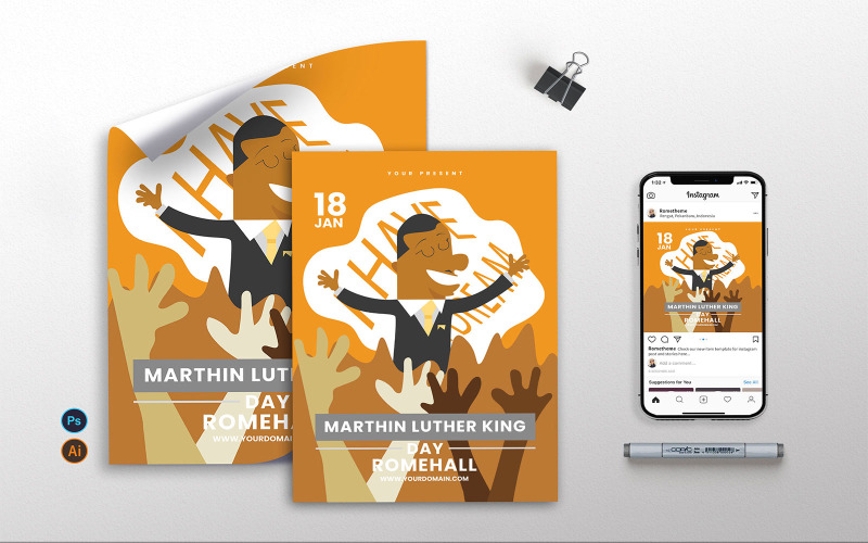 Download Фирменный стиль "Marthin Luther King Jr vol.02 - Flyer, Poster, Instagram Post" / Marthin Luther King Jr vol.02 - Flyer, Poster, Instagram Post - Фирменный стиль на тему графика celebration,template,event,martin,luther,politic,law,independence,amercam,fest,festival,simple,illustration