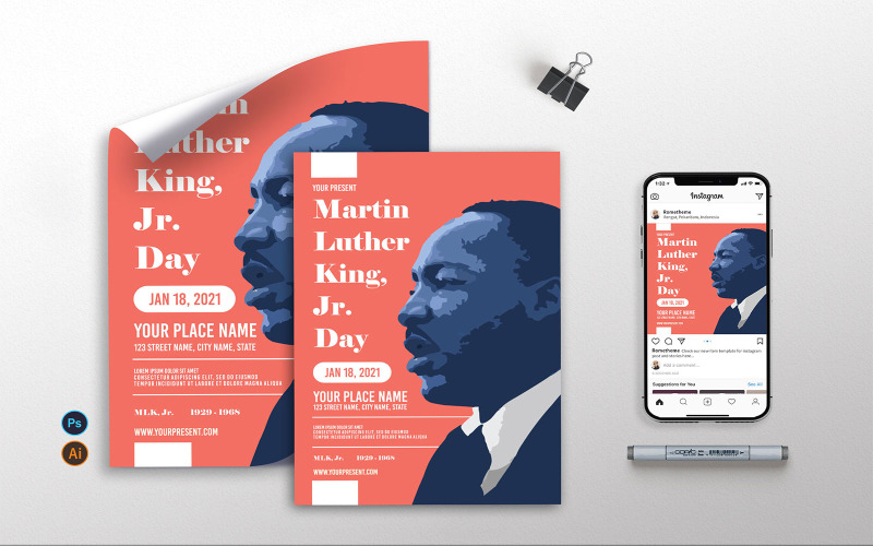 Download Фирменный стиль "Martin Luther King Jr. Day - Flyer, Poster &amp; Instagram AS" / Martin Luther King Jr. Day - Flyer, Poster &amp; Instagram AS - Фирменный стиль на тему графика martin,luther,flyer,politic,law,independence,america,corporate,fest,festival,simple