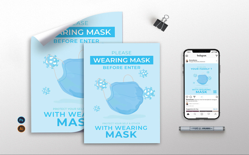 Download Фирменный стиль "Mask Awarnes vol.01 - Flyer, Poster &amp; Instagram TY" / Mask Awarnes vol.01 - Flyer, Poster &amp; Instagram TY - Фирменный стиль на тему графика mask,covid,corona,template,poster,flyer,instagram,health,healthy,print,ai,psd,illustration,blue