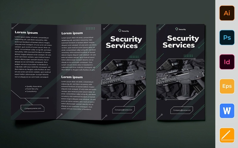 Download Фирменный стиль "Security Guard Brochure Trifold - Corporate Identity Template" / Security Guard Brochure Trifold - Corporate Identity Template - Фирменный стиль на тему графика brochure,trifold,template,corporate,company,branding,security,guard,safety,bodyguard,protection,surveillance,services,black,green