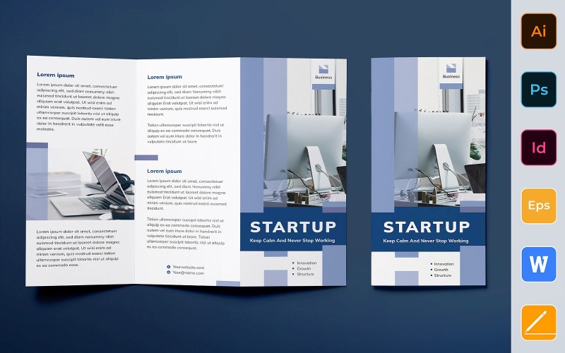 Download Фирменный стиль "Startup Brochure Trifold - Corporate Identity Template" / Startup Brochure Trifold - Corporate Identity Template - Фирменный стиль на тему графика brochure,trifold,template,corporate,company,branding,startup,entrepreneur,innovation,crowdfunding,project,white,purple,blue