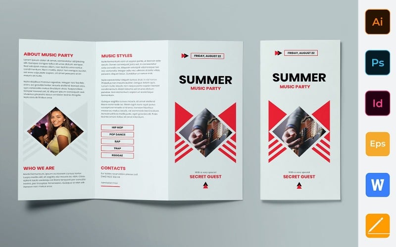 Download Фирменный стиль "Summer Music Party Brochure Trifold - Corporate Identity Template" / Summer Music Party Brochure Trifold - Corporate Identity Template - Фирменный стиль на тему графика brochure,trifold,template,corporate,company,branding,music,party,summer party,music party,dj,beach party,red,grey,black