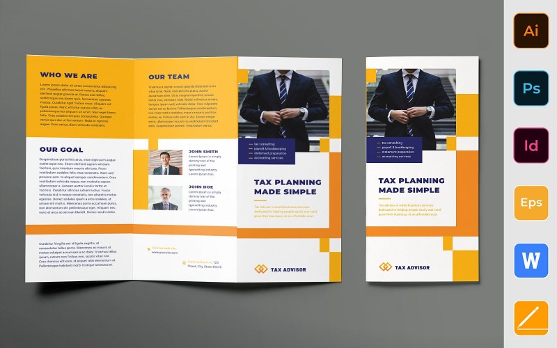 Download Фирменный стиль "Tax Advisor Brochure Trifold - Corporate Identity Template" / Tax Advisor Brochure Trifold - Corporate Identity Template - Фирменный стиль на тему графика brochure,trifold,template,corporate,company,branding,tax,advisor,accounting,finance,bookkeeping,consultant,white,blue,orange